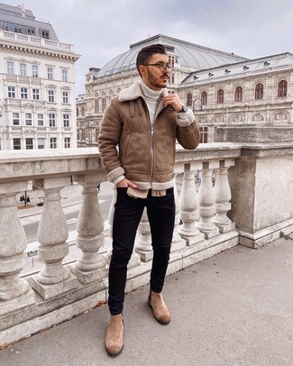 Men's Brown Shearling Jacket, White Turtleneck, Navy Skinny Jeans, Tan Suede Chelsea Boots