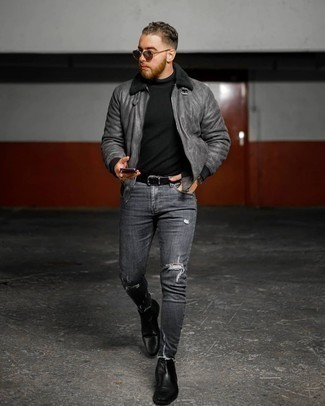 Men's Charcoal Shearling Jacket, Black Turtleneck, Charcoal Ripped Skinny Jeans, Black Leather Chelsea Boots