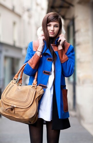 Women's Tan Leather Satchel Bag, White Sheath Dress, Blue Duffle Coat, Black Sleeveless Coat