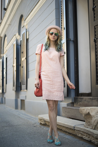 Pink Eyelet Shift Dress Outfits: Who said you can't make a style statement with a casual ensemble? That's easy in a pink eyelet shift dress. Aquamarine leather heeled sandals look fabulous here.