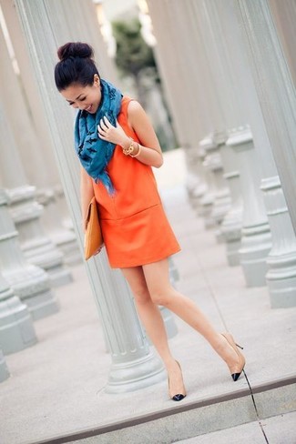 Women's Orange Shift Dress, Beige Leather Pumps, Tobacco Leather Clutch, Blue Print Scarf