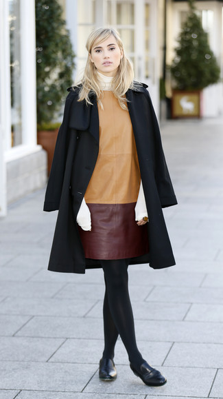 Suki Waterhouse wearing Black Leather Loafers, Tan Leather Shift Dress, White Turtleneck, Black Coat