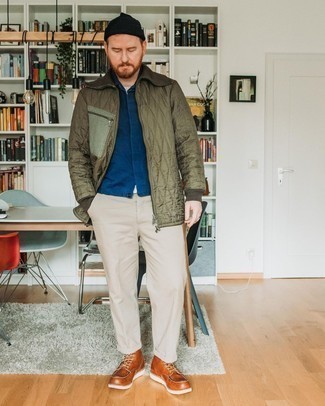 Barn Jacket Outfits: Consider wearing a barn jacket and beige chinos to pull together an interesting and current laid-back ensemble. Go the extra mile and jazz up your ensemble with tobacco leather casual boots.