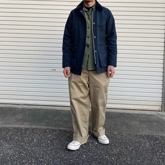 Navy and Green Barn Jacket Outfits: For a casual getup with a contemporary spin, team a navy and green barn jacket with khaki chinos. You could perhaps get a little creative in the shoe department and play down this look with a pair of white canvas low top sneakers.