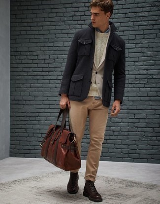 Brown Leather Tote Bag Outfits For Men: Consider wearing a black wool shirt jacket and a brown leather tote bag for a laid-back twist on day-to-day getups. You can go down a more elegant route in the footwear department by slipping into dark brown leather casual boots.