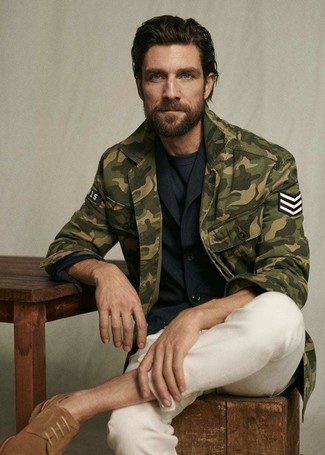 Men's Olive Camouflage Shirt Jacket, Black Blazer, Navy Crew-neck T-shirt, White Chinos