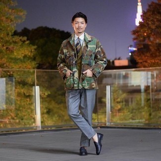 Olive Camouflage Shirt Jacket Outfits For Men: This classy combo of an olive camouflage shirt jacket and grey dress pants is a favored choice among the dapper gents. Our favorite of a countless number of ways to round off this look is with a pair of navy leather loafers.