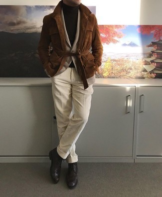 Beige Corduroy Dress Pants Outfits For Men: Pairing a brown suede shirt jacket with beige corduroy dress pants is a smart choice for a classic and sophisticated outfit. For a more casual vibe, why not add black leather casual boots to this look?