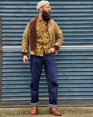 Men's Tan Camouflage Shirt Jacket, Tan Bomber Jacket, Navy Jeans, Brown Leather Casual Boots