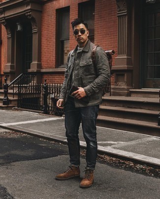 Dark Green Sunglasses Outfits For Men: If you gravitate towards edgy combinations, why not consider pairing a charcoal shirt jacket with dark green sunglasses? Let your sartorial expertise really shine by rounding off this outfit with brown suede casual boots.