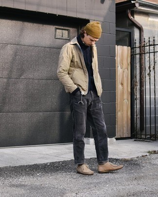 Tan Jacket Outfits For Men: Look seriously stylish yet comfortable in a tan jacket and charcoal corduroy jeans. For maximum impact, complement this ensemble with tan suede desert boots.