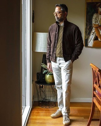 Men's Dark Brown Suede Shirt Jacket, Olive Cable Sweater, White Long Sleeve Shirt, White Chinos