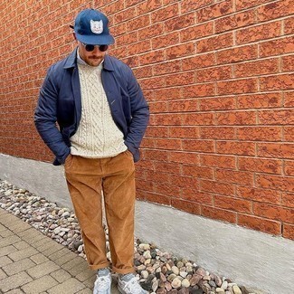 Cable Sweater Outfits For Men: For a casually dapper outfit, consider teaming a cable sweater with brown corduroy chinos — these two pieces work really great together. And if you want to instantly tone down your outfit with shoes, complement your outfit with a pair of light blue athletic shoes.