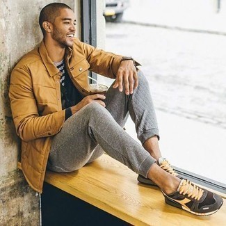 Aquamarine Horizontal Striped Crew-neck T-shirt Outfits For Men: Want to infuse your wardrobe with some off-duty menswear style? Wear an aquamarine horizontal striped crew-neck t-shirt and grey sweatpants. Grey athletic shoes will be a welcome addition to this ensemble.