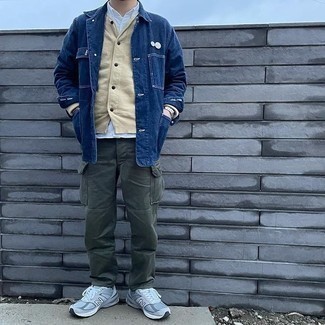 Cargo Pants Outfits: If you don't like getting too predictable with your looks, wear a navy denim shirt jacket with cargo pants. Take an otherwise traditional look in a more casual direction by wearing a pair of grey athletic shoes.