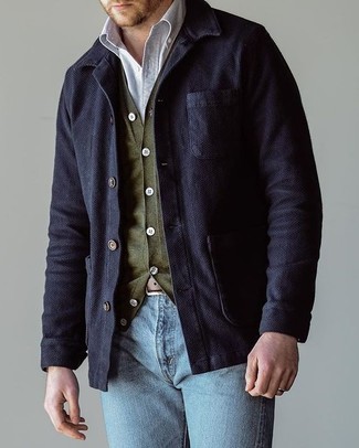 Olive Cardigan Outfits For Men: This combination of an olive cardigan and light blue jeans looks pulled together and instantly makes you look cool.