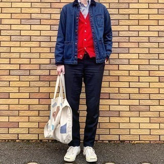 Red Cardigan Outfits For Men: This off-duty combo of a red cardigan and navy chinos is a tested option when you need to look good but have no extra time. If you want to break out of the mold a little, complement this look with a pair of white canvas low top sneakers.