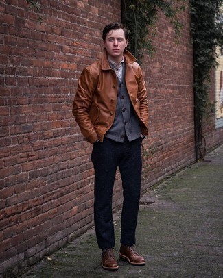 Tobacco Leather Casual Boots Smart Casual Outfits For Men: This look demonstrates that it is totally worth investing in such menswear staples as a tobacco leather shirt jacket and navy chinos. A pair of tobacco leather casual boots is a nice idea to finish off your look.