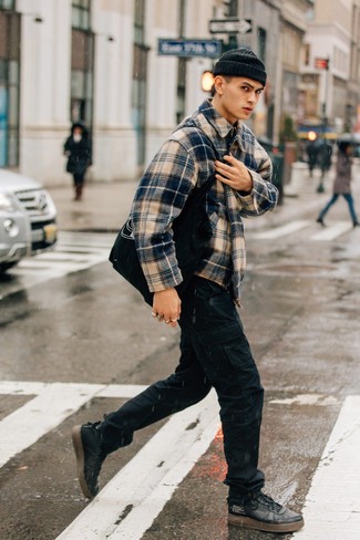 Black Cargo Pants Outfits: A navy plaid shirt jacket and black cargo pants are absolute menswear staples that will integrate wonderfully within your off-duty styling repertoire. Want to break out of the mold? Then why not complement this outfit with a pair of black leather high top sneakers?
