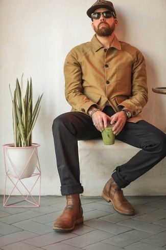 Dark Brown Baseball Cap Outfits For Men: A tan shirt jacket and a dark brown baseball cap are a great go-to combo to have in your casual sartorial collection. Finishing off with brown leather chelsea boots is a fail-safe way to infuse a dose of class into this look.