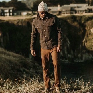 Tan Beanie Outfits For Men: Extremely dapper, this pairing of a brown corduroy shirt jacket and a tan beanie will provide you with variety. If you wish to effortlessly step up this look with one piece, introduce beige suede desert boots to this look.