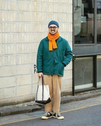 Orange Scarf Outfits For Men: If you feel more confident wearing something practical, you'll appreciate this city casual combination of a dark green shirt jacket and an orange scarf. If you want to effortlessly dress up this getup with footwear, complete this ensemble with a pair of dark green canvas low top sneakers.