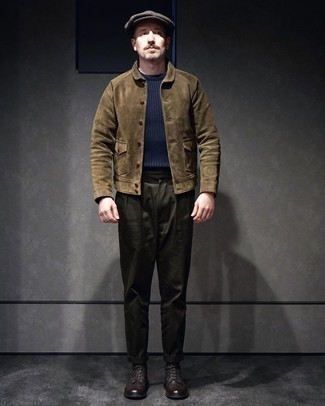 Men's Brown Suede Shirt Jacket, Navy Crew-neck Sweater, Dark Green Chinos, Dark Brown Leather Casual Boots