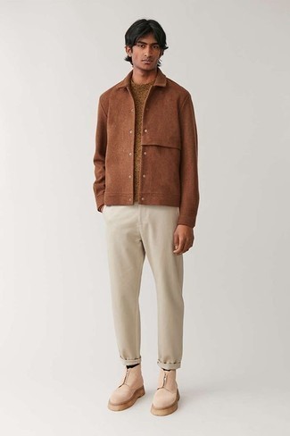 Men's Brown Wool Shirt Jacket, Brown Crew-neck Sweater, Beige Chinos, Beige Suede Chelsea Boots