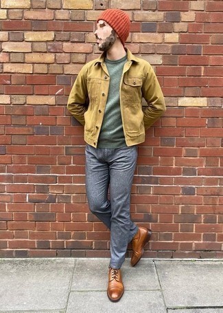 Men's Tan Shirt Jacket, Grey Crew-neck Sweater, Navy Chinos, Brown Leather Casual Boots