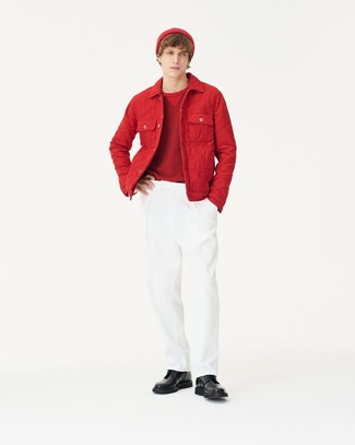 Men's Red Quilted Shirt Jacket, Red Crew-neck Sweater, White Chinos, Black Leather Derby Shoes