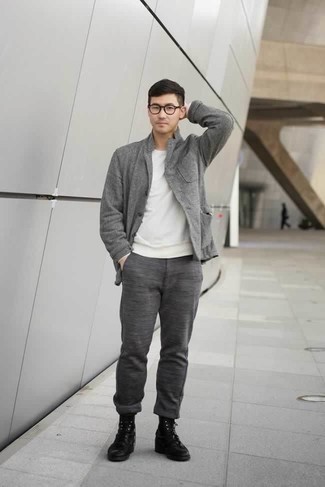 Charcoal Shirt Jacket Outfits For Men: Rock a charcoal shirt jacket with grey chinos if you're aiming for a crisp, seriously stylish ensemble. Let your outfit coordination credentials truly shine by complementing your ensemble with a pair of black leather casual boots.