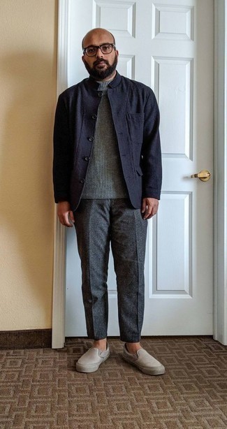 Navy Shirt Jacket Outfits For Men: For a look that's worthy of a modern fashion-forward gent and effortlessly sleek, dress in a navy shirt jacket and charcoal chinos. Make this look current by finishing with beige canvas slip-on sneakers.
