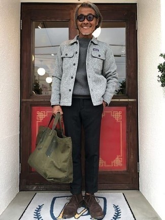 Grey Wool Shirt Jacket Outfits For Men: Channel your inner expert in men's style and consider wearing a grey wool shirt jacket and black chinos. A pair of dark brown suede desert boots is a great choice to complement this ensemble.