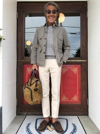 Grey Shirt Jacket Outfits For Men: Marry a grey shirt jacket with white chinos to look seriously stylish anywhere anytime. And if you need to easily dial down your look with a pair of shoes, add a pair of dark brown suede boat shoes to the mix.