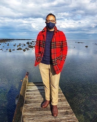 Men's Red Plaid Flannel Shirt Jacket, Navy Print Crew-neck Sweater, Khaki Chinos, Brown Leather Derby Shoes