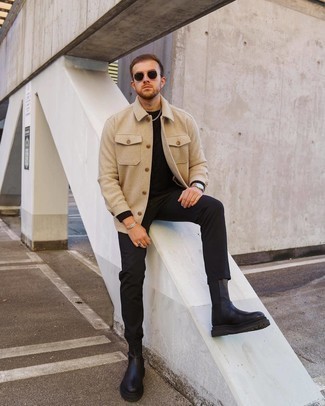 Beige Wool Shirt Jacket Outfits For Men: This combination of a beige wool shirt jacket and black chinos is the ideal balance between refined and relaxed casual. Feeling experimental? Mix things up by sporting black leather chelsea boots.
