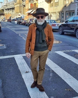 Brown Suede Casual Boots Outfits For Men: For a fail-safe smart option, you can't go wrong with this combination of a tobacco shirt jacket and brown chinos. The whole look comes together if you introduce brown suede casual boots to the mix.