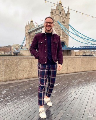 Navy Plaid Chinos Outfits: We give a huge thumbs up to this off-duty pairing of a burgundy corduroy shirt jacket and navy plaid chinos! For something more on the daring side to round off your outfit, add a pair of white print leather low top sneakers to the equation.
