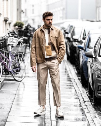 Tan Leather Messenger Bag Outfits: When the situation allows a casual menswear style, you can rock a tan shirt jacket and a tan leather messenger bag. Beige athletic shoes pull the getup together.
