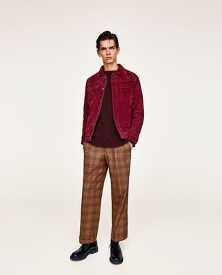 Brown Plaid Chinos Outfits: This pairing of a burgundy suede shirt jacket and brown plaid chinos is a safe and very stylish bet. Get a bit experimental with footwear and enter a pair of black suede derby shoes into the equation.