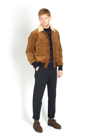 Men's Brown Corduroy Shirt Jacket, Navy Horizontal Striped Crew-neck Sweater, Black Chinos, Dark Brown Suede Derby Shoes