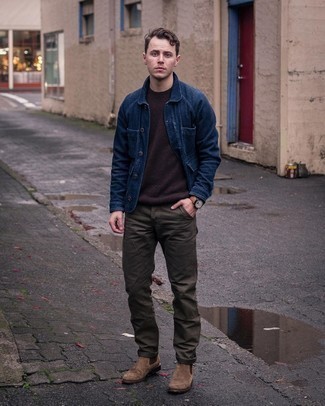 Navy Shirt Jacket Smart Casual Outfits For Men: This combo of a navy shirt jacket and olive chinos is a goofproof option when you need to look dapper but have no time. Finishing off with a pair of brown suede chelsea boots is an effective way to inject an air of class into this ensemble.