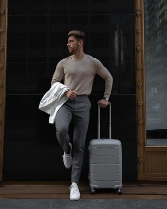 Grey Suitcase Outfits For Men: If you feel more confident wearing something functional, you'll like this off-duty combination of a white shirt jacket and a grey suitcase. For a classier vibe, complete your getup with a pair of white canvas low top sneakers.