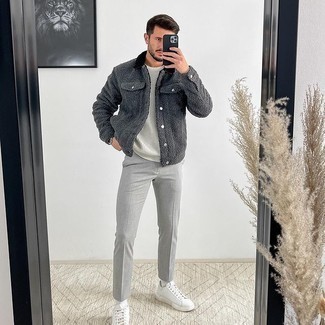 Grey Fleece Shirt Jacket Outfits For Men: This pairing of a grey fleece shirt jacket and grey chinos is a safe option when you need to look casually elegant in a flash. On the shoe front, go for something on the casual end of the spectrum by rocking white canvas low top sneakers.