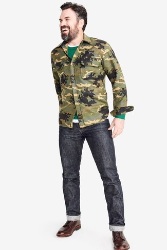 Men's Olive Camouflage Shirt Jacket, Green Crew-neck Sweater, White Crew-neck T-shirt, Charcoal Jeans