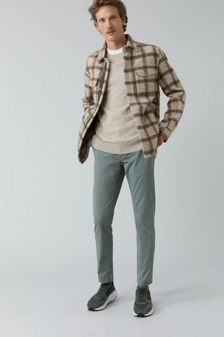 Beige Plaid Fleece Shirt Jacket Outfits For Men: This pairing of a beige plaid fleece shirt jacket and mint chinos is extremely versatile and really apt for whatever the day throws at you. Why not take a more laid-back approach with footwear and add a pair of olive athletic shoes to the mix?