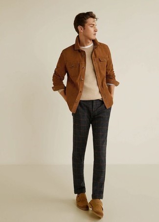 Beige Suede Double Monks Outfits: For a laid-back look with a modernized spin, pair a tobacco shirt jacket with charcoal check chinos. And if you wish to instantly perk up your ensemble with shoes, why not complete this look with a pair of beige suede double monks?