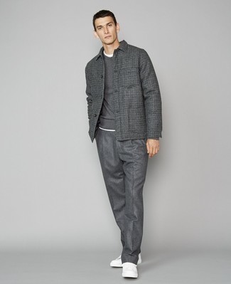 Charcoal Check Wool Shirt Jacket Outfits For Men: Pair a charcoal check wool shirt jacket with charcoal chinos for a standout getup. For something more on the daring side to round off your getup, introduce white leather low top sneakers to the mix.