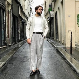 White Shirt Jacket Outfits For Men: Combining a white shirt jacket with grey dress pants is an awesome option for a sharp and sophisticated look. A cool pair of black leather loafers will never date.