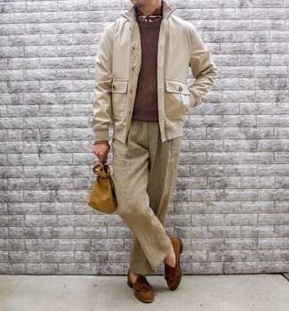 Brown Bandana Outfits For Men: Pair a beige shirt jacket with a brown bandana to get a casual and stylish look. Step up your outfit with brown suede tassel loafers.